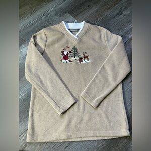 VTG Christmas Sweater Santa Sleigh Reindeer Bunny Fuzzy Sherpa Brown Tan Comfy S